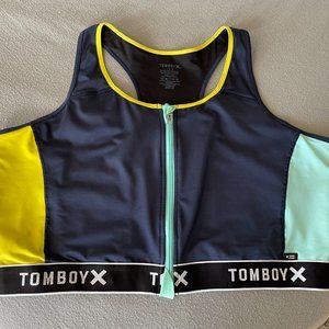 TOMBOYX Swim Racerback Zip Top - Navy with Turquoise and Yellow - 3X